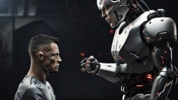 A man and a humanoid robot, each equipped with ordinary sports knowledge, facing each other in a dimly lit space with a confrontational demeanor.