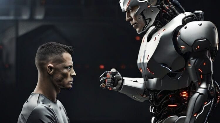 A man and a humanoid robot, each equipped with ordinary sports knowledge, facing each other in a dimly lit space with a confrontational demeanor.