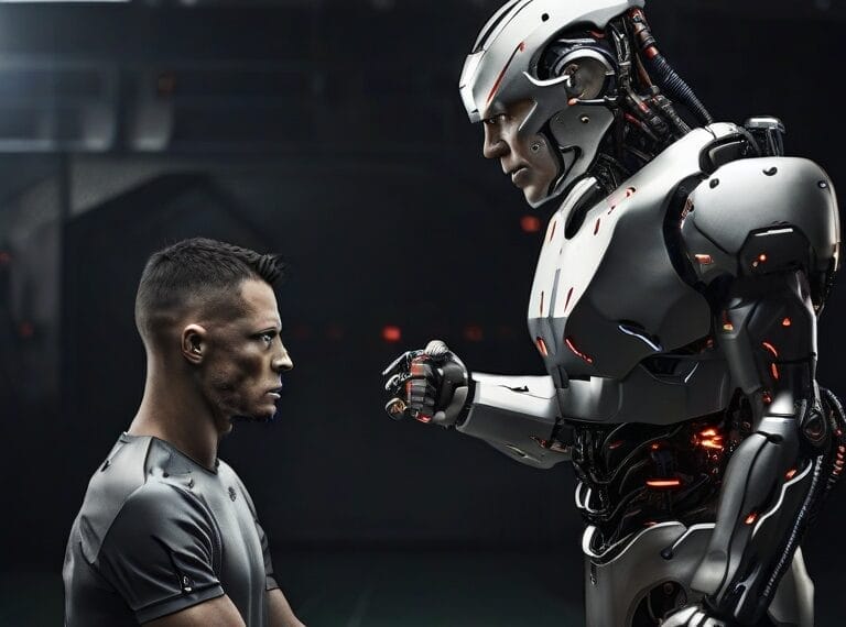 A man and a humanoid robot, each equipped with ordinary sports knowledge, facing each other in a dimly lit space with a confrontational demeanor.