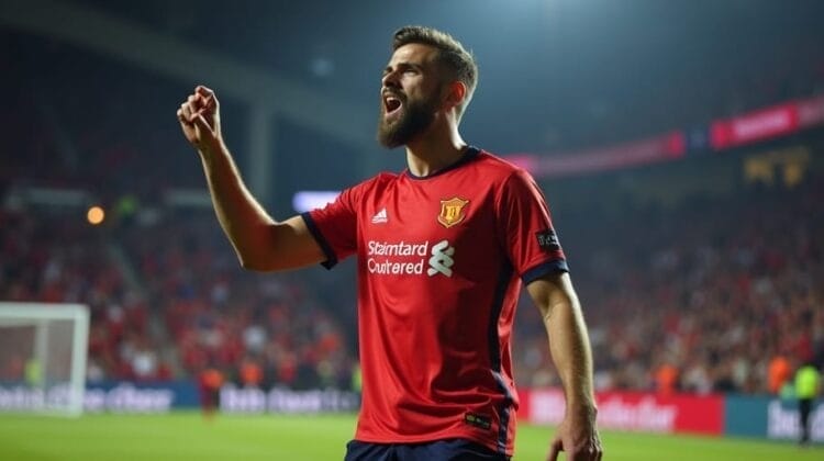 A bearded soccer player in a red uniform celebrates passionately on the field. Stadium lights shine over the energetic scene, as blurred fans and excited sports commentary fill the crowded stands in the background.