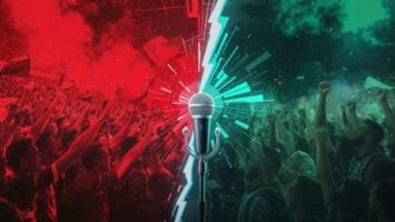 A microphone stands center stage, splitting an energetic stadium crowd in half. The scene captures the lively spirit of sports debates and arguments, as red and green sides cheer passionately, symbolizing a charged, competitive atmosphere.