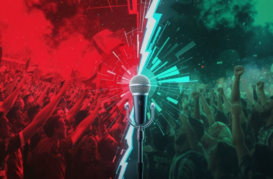 A microphone stands center stage, splitting an energetic stadium crowd in half. The scene captures the lively spirit of sports debates and arguments, as red and green sides cheer passionately, symbolizing a charged, competitive atmosphere.