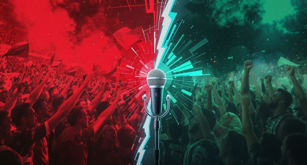 A microphone stands center stage, splitting an energetic stadium crowd in half. The scene captures the lively spirit of sports debates and arguments, as red and green sides cheer passionately, symbolizing a charged, competitive atmosphere.