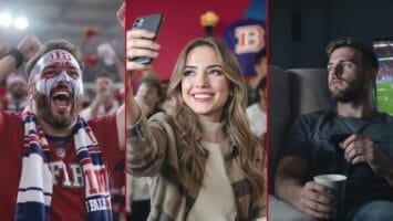 The image is split into three panels: left—an excited, face-painted football fan cheers in a crowded stadium; center—a smiling woman takes a selfie at a lively sports event; right—a man sits alone at home, representing different types of sports fans.