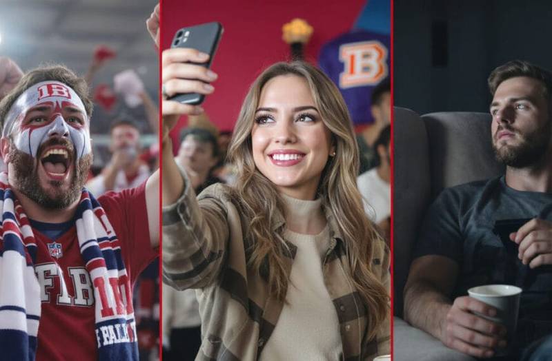 The image is split into three panels: left—an excited, face-painted football fan cheers in a crowded stadium; center—a smiling woman takes a selfie at a lively sports event; right—a man sits alone at home, representing different types of sports fans.