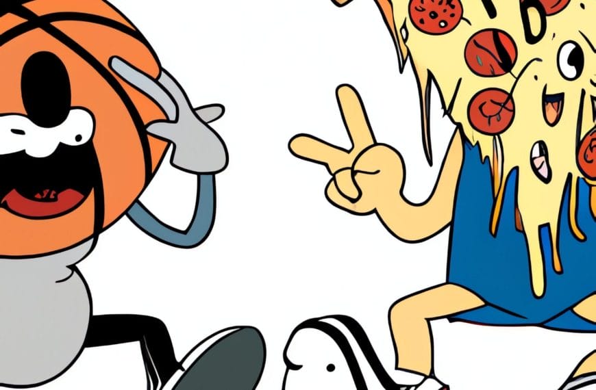 Anthropomorphic basketball and pizza slice characters, embodying types of sports fans, striking playful poses.