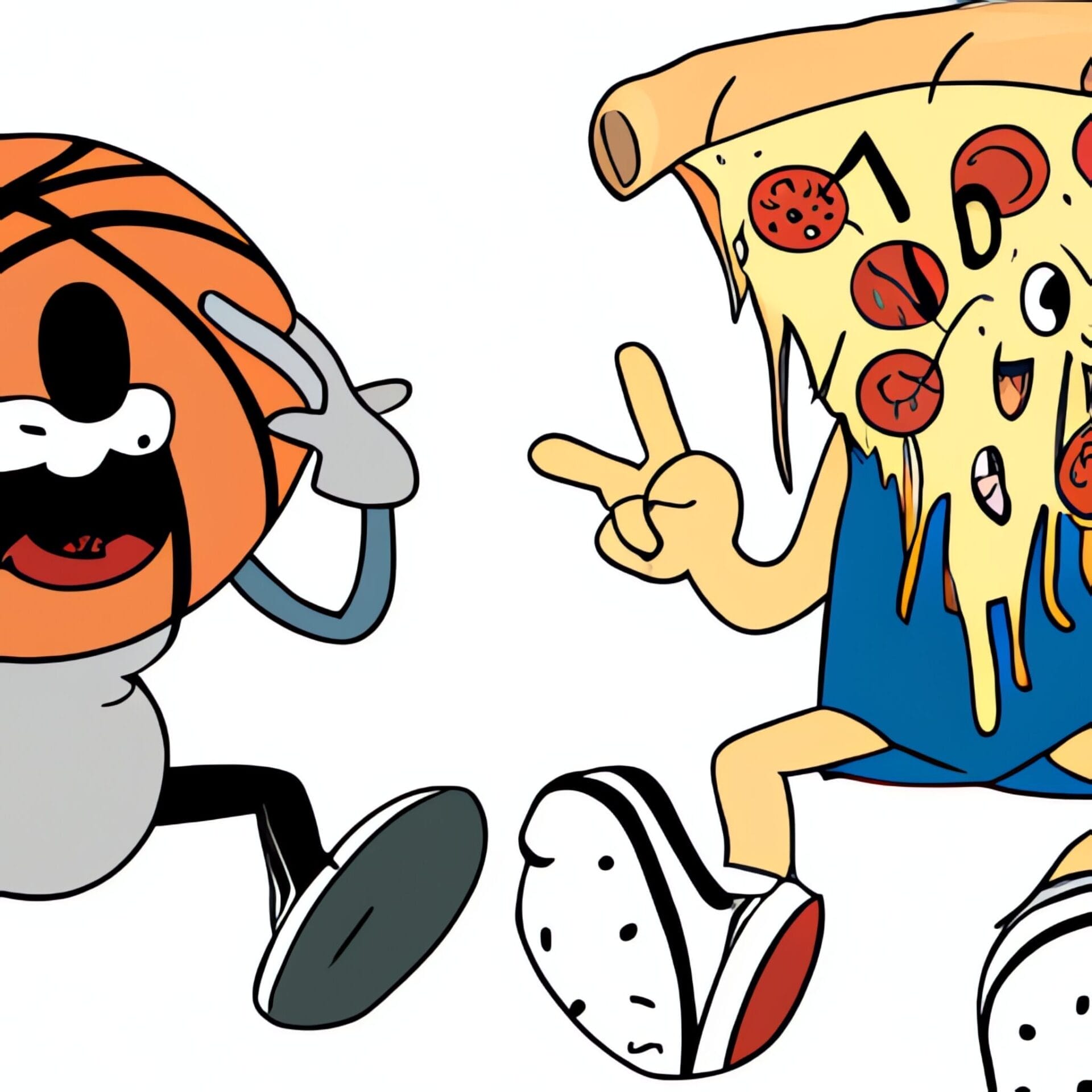 Anthropomorphic basketball and pizza slice characters, embodying types of sports fans, striking playful poses.
