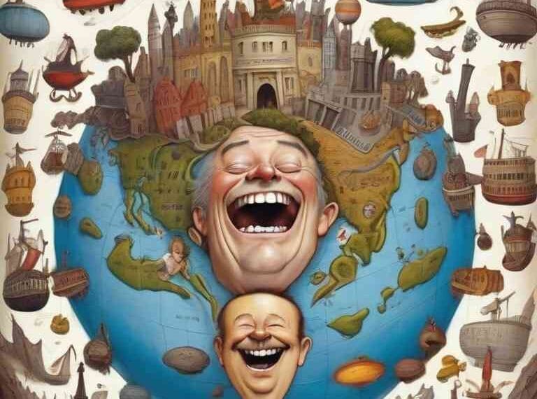 Surreal artwork of two laughing faces on a globe, surrounded by floating cities, landscapes, and airships, seamlessly blending elements of fantasy, geography, and sports entertainment.