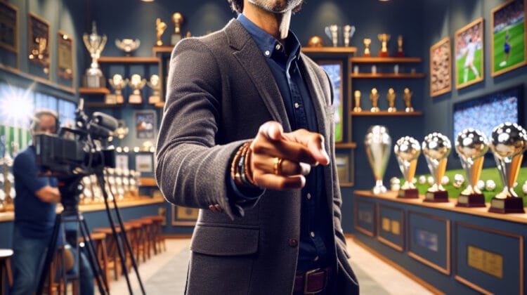 A confident man gestures towards the camera in a trophy-lined room, possibly on a television set, where winning tactics and sports debates come to life.