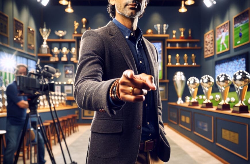 A confident man gestures towards the camera in a trophy-lined room, possibly on a television set, where winning tactics and sports debates come to life.