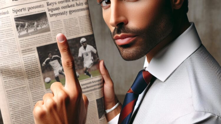 A man in a suit and tie reading the sports section of a newspaper offers constructive criticism.