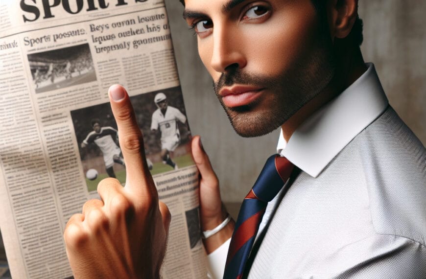 A man in a suit and tie reading the sports section of a newspaper offers constructive criticism.