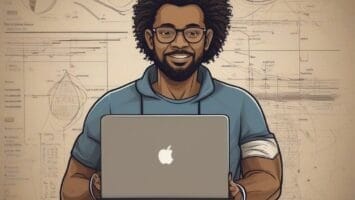 Illustration of a smiling man with glasses holding a laptop against a backdrop of sports insights and technical drawings.