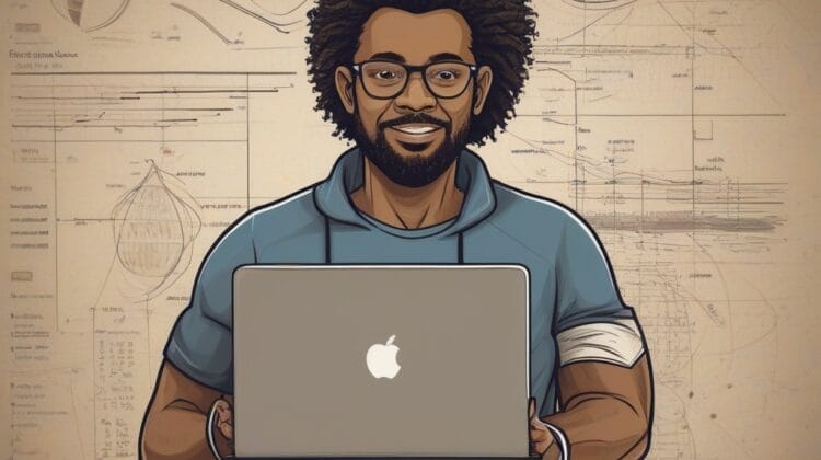 Illustration of a smiling man with glasses holding a laptop against a backdrop of sports insights and technical drawings.