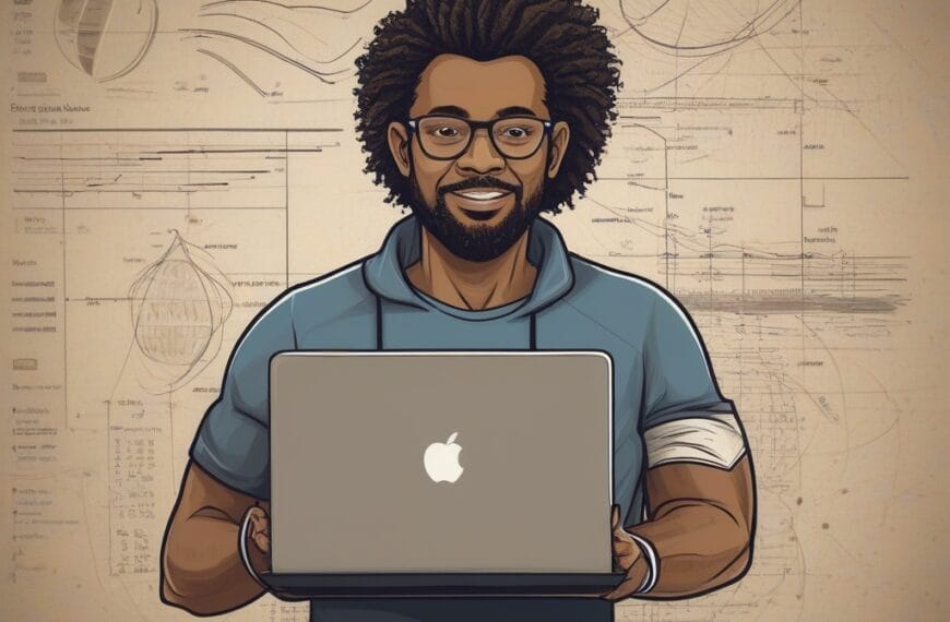 Illustration of a smiling man with glasses holding a laptop against a backdrop of sports insights and technical drawings.