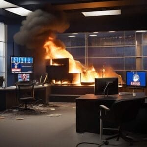 Office space with a desk on fire and smoke billowing, while a sports takes channel is displayed on a screen to the left.