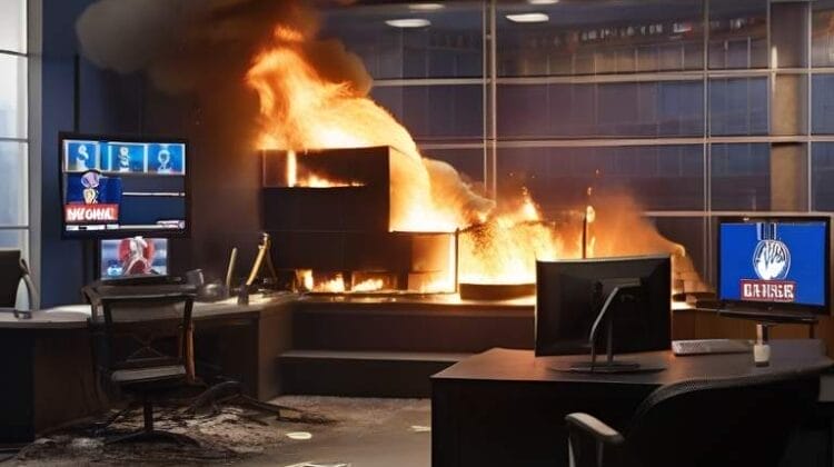 Office space with a desk on fire and smoke billowing, while a sports takes channel is displayed on a screen to the left.