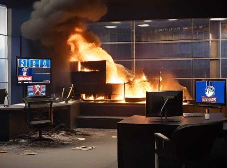 Office space with a desk on fire and smoke billowing, while a sports takes channel is displayed on a screen to the left.
