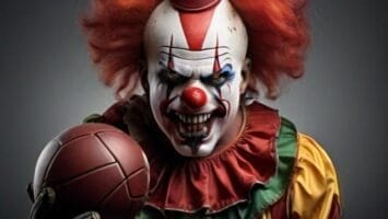 Clown with red hair and traditional makeup showcasing sports and comedy while dribbling a basketball.
