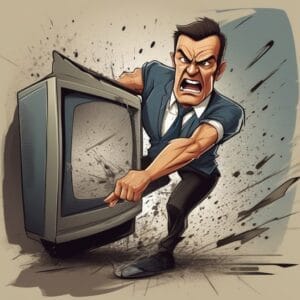 An animated man aggressively smashing a television set during aggressive sports commentary.