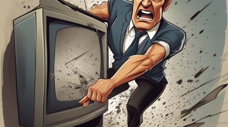 An animated man aggressively smashing a television set during aggressive sports commentary.
