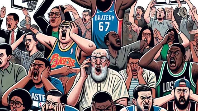 An animated basketball player celebrates a score amid a crowd of expressive spectators at the NBA draft lottery.
