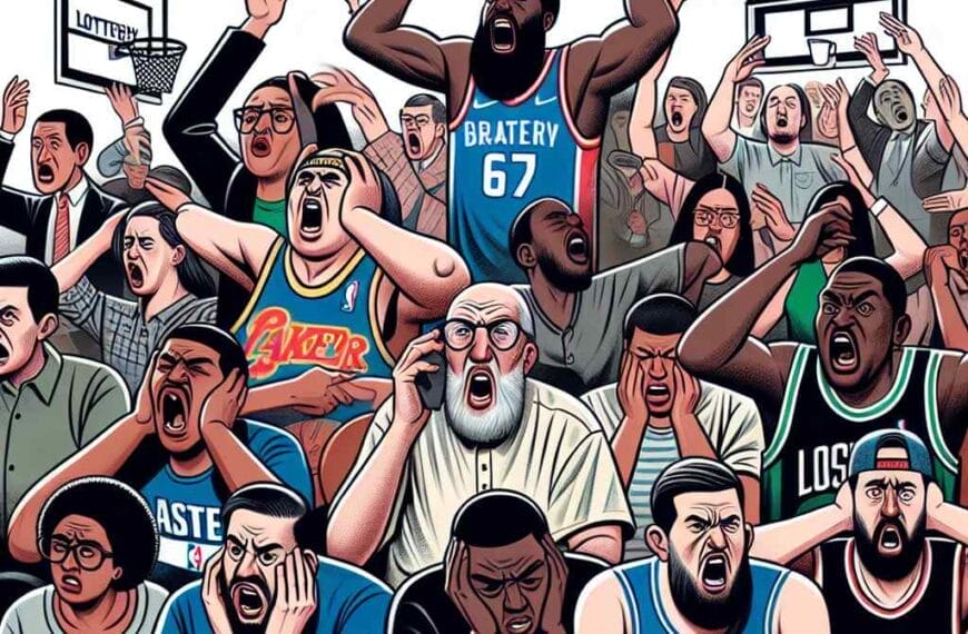 An animated basketball player celebrates a score amid a crowd of expressive spectators at the NBA draft lottery.