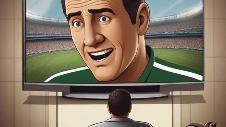 A person sitting in front of a television screen watching a cartoon of a smiling sports news commentator.