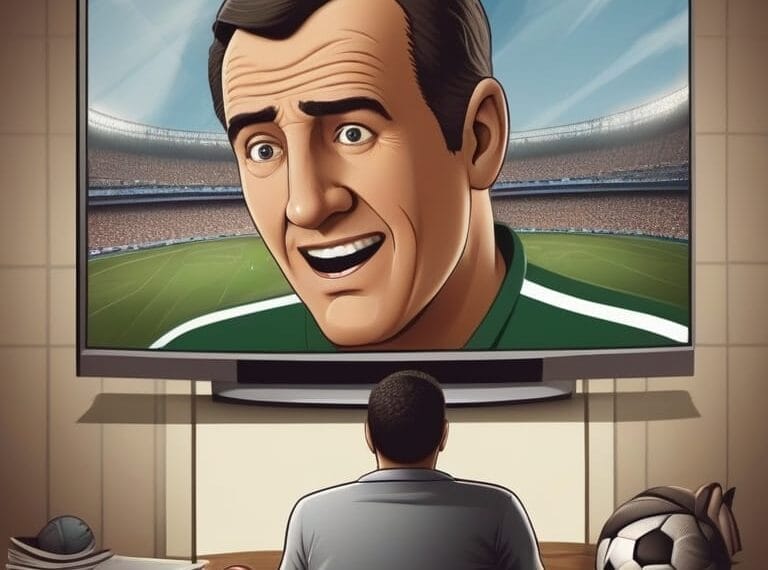 A person sitting in front of a television screen watching a cartoon of a smiling sports news commentator.