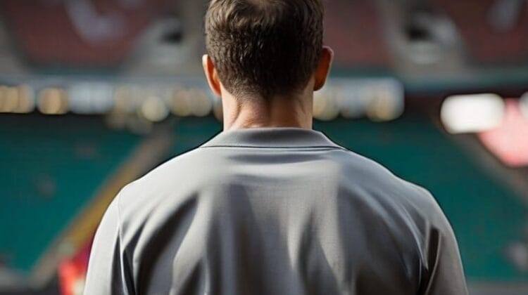 Man standing and looking out onto an empty stadium, sidestepping any sports activities.