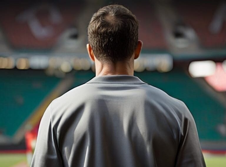 Man standing and looking out onto an empty stadium, sidestepping any sports activities.