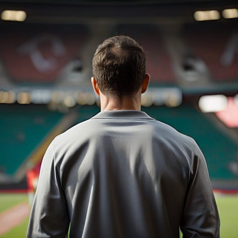 Man standing and looking out onto an empty stadium, sidestepping any sports activities.