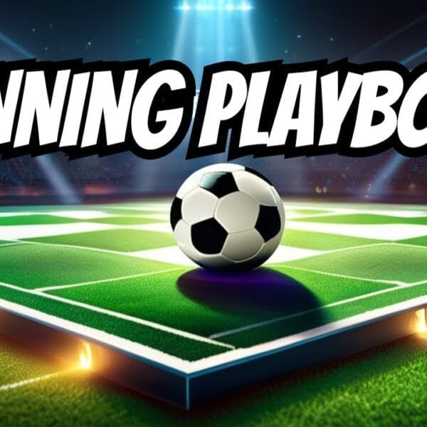 The winning playbook logo with a soccer ball on the field showcases expert football strategy.