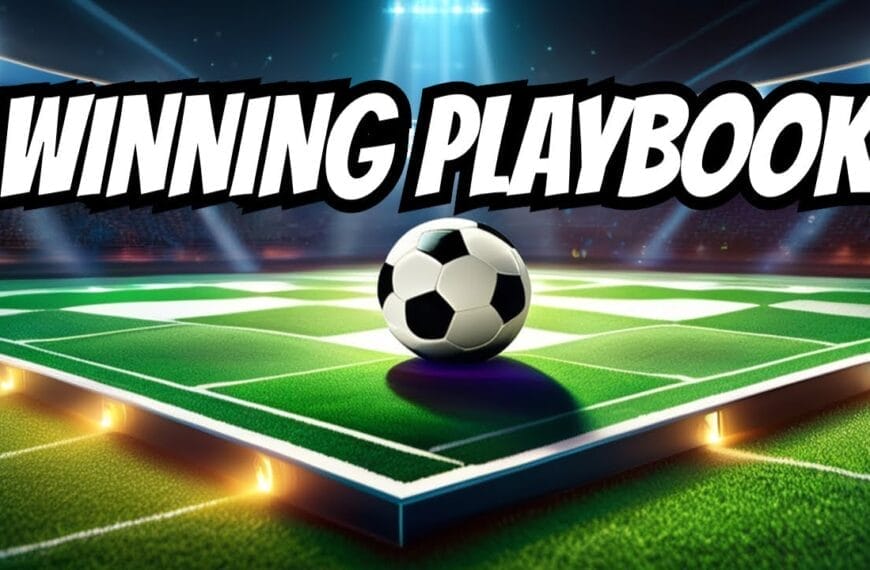The winning playbook logo with a soccer ball on the field showcases expert football strategy.