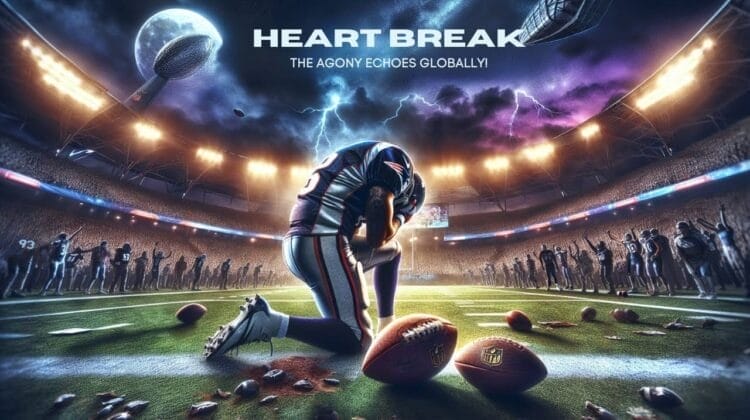 A dejected football player kneeling on a field after a game under dramatic skies with lightning, surrounded by scattered footballs. Stadium crowd cheers in the background. Text: "Heart Break - Defeat in Sports Echoes Globally!