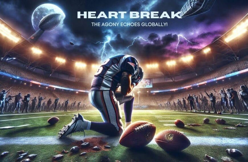 A dejected football player kneeling on a field after a game under dramatic skies with lightning, surrounded by scattered footballs. Stadium crowd cheers in the background. Text: "Heart Break - Defeat in Sports Echoes Globally!