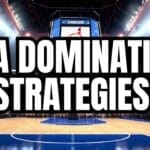 A graphic showcasing "NBA strategy" over an image of an NBA basketball court viewed from a low angle, with a packed stadium and a basketball hoop in the background.