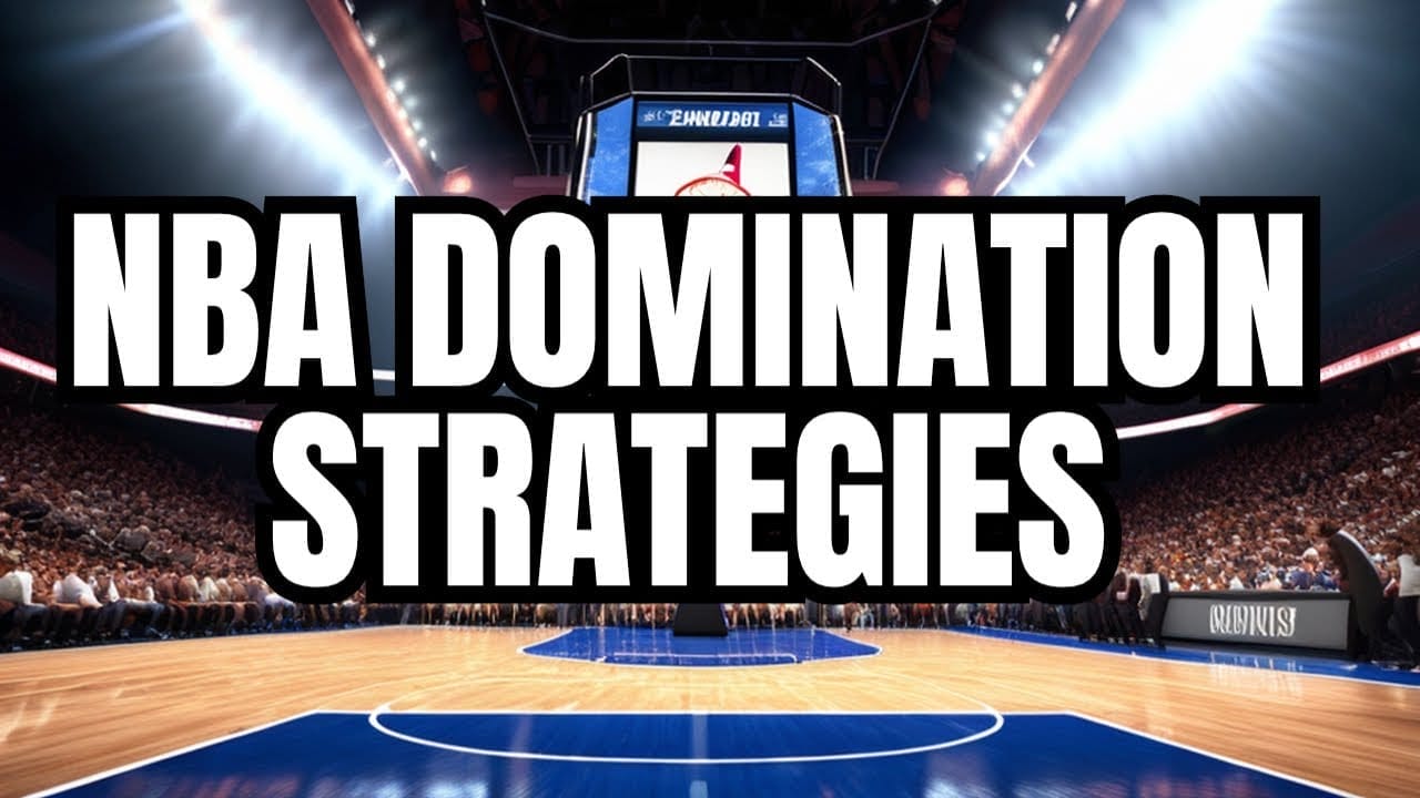 A graphic showcasing "NBA strategy" over an image of an NBA basketball court viewed from a low angle, with a packed stadium and a basketball hoop in the background.