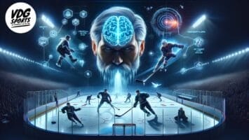 Futuristic NHL-themed artwork featuring players in an arena with a holographic brain above, surrounded by digital graphics and data overlays, showcasing the pinnacle of NHL IQ on the ice.