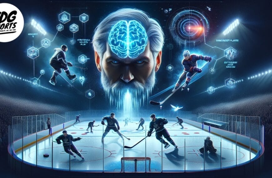 Futuristic NHL-themed artwork featuring players in an arena with a holographic brain above, surrounded by digital graphics and data overlays, showcasing the pinnacle of NHL IQ on the ice.