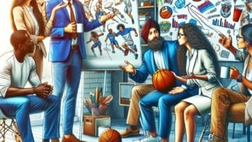 Group of animated characters in a modern office setting discussing controversial sports opinions with various sports equipment scattered around.