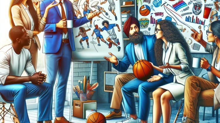 Group of animated characters in a modern office setting discussing controversial sports opinions with various sports equipment scattered around.