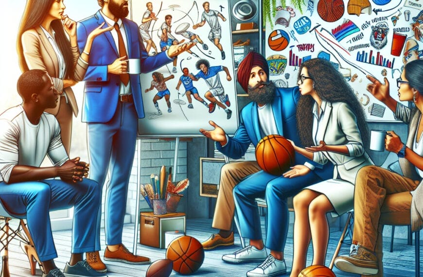 Group of animated characters in a modern office setting discussing controversial sports opinions with various sports equipment scattered around.