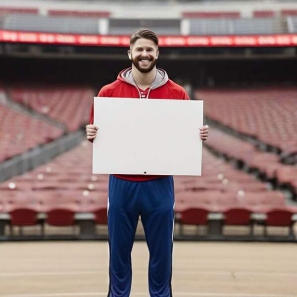 Man holding a blank sign in a sports satire stadium.
