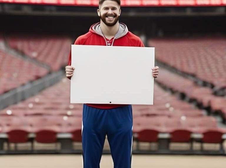 Man holding a blank sign in a sports satire stadium.
