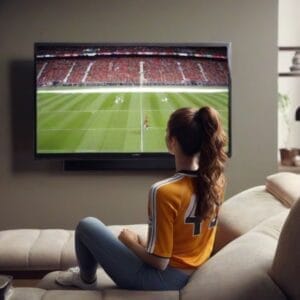 Woman in a soccer jersey watching a football match on television practicing sports analysis.