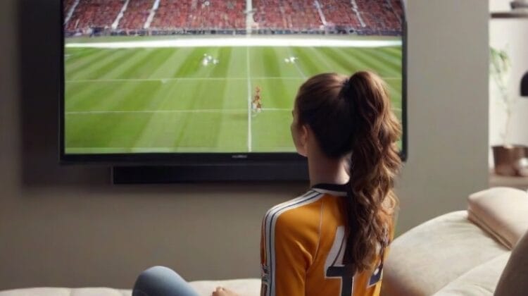 Woman in a soccer jersey watching a football match on television.