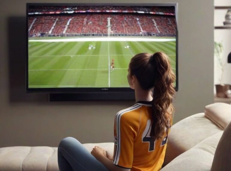 Woman in a soccer jersey watching a football match on television practicing sports analysis.