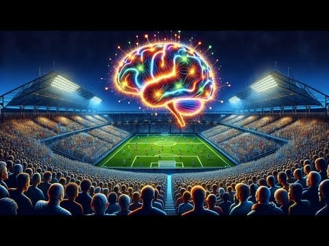 Illustration of a glowing, colorful brain hovering over a crowded soccer stadium during a night match.