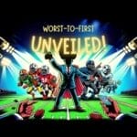 Illustration of a football-themed event titled "worst-to-first unveiled!" featuring a central figure in a suit with NFL teams' players around them under bright lights.